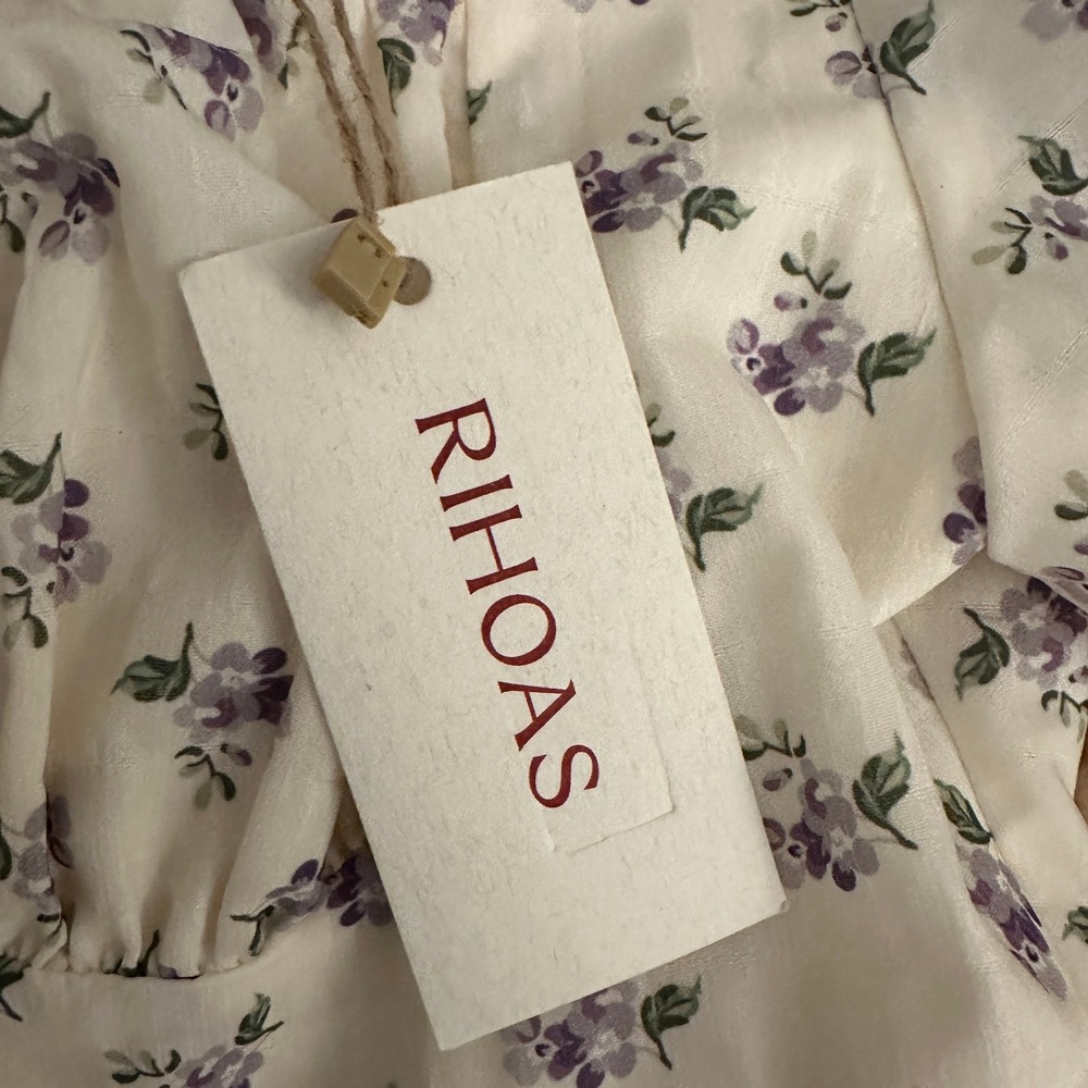 NWT RIHOAS Floral Tie Front Puff Sleeve Midi Dress Cream Purple Cottagecore - Picture 4 of 4